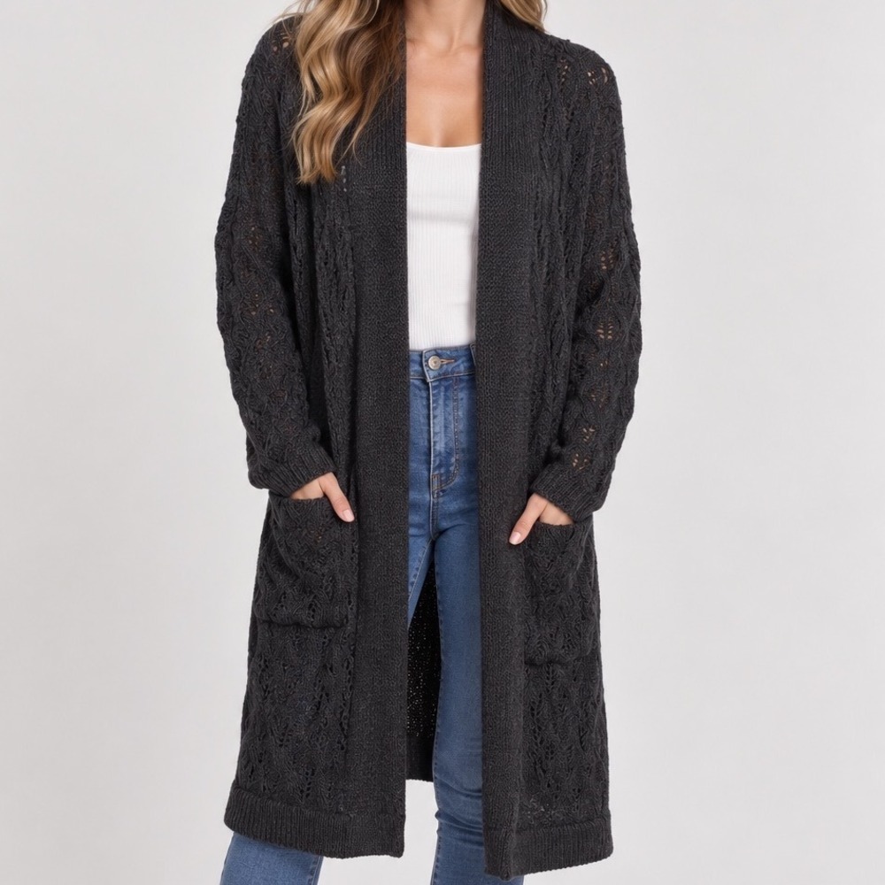 Long Cable Knit Duster Cardigan Women XS Charcoal Open Front Pockets Cozy Boho